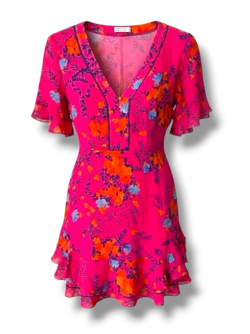 TANYA TAYLOR Kayla Dress Falling Floral Flower Ruffle Silk Event Hot Pink Size 0 - Picture 1 of 16